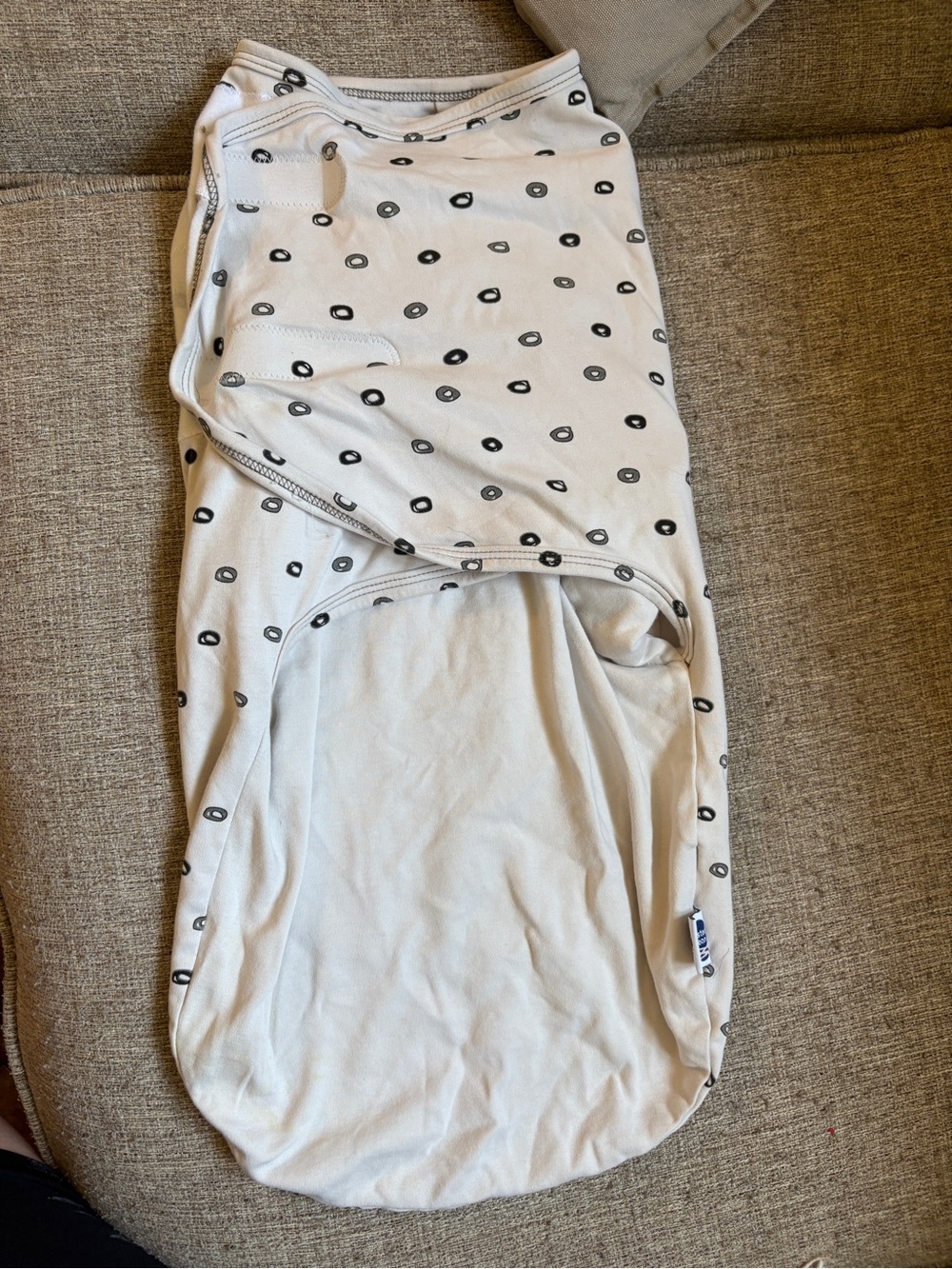 Baby Swaddle Sack in White with Black Donut Print